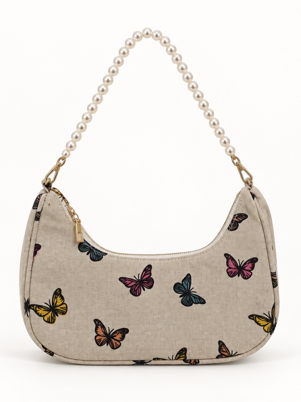 Beige Butterfly-Print Pearl Handle Shoulder Bag